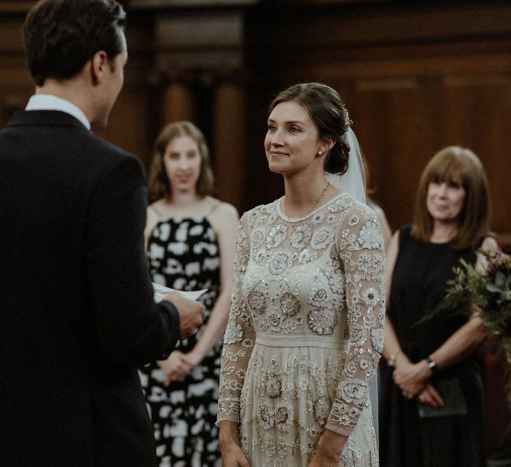 Wedding Ceremony | Bride in Beaded Needle &amp; Thread Wedding Dress with Long Sleeves | Groom in Marks &amp; Spencer Suit with Olive Tie | Britten Veil | Islington Town Hall | Beaded Needle &amp; Thread Dress for Intimate Islington Wedding | Olivia &amp; Dan Photography