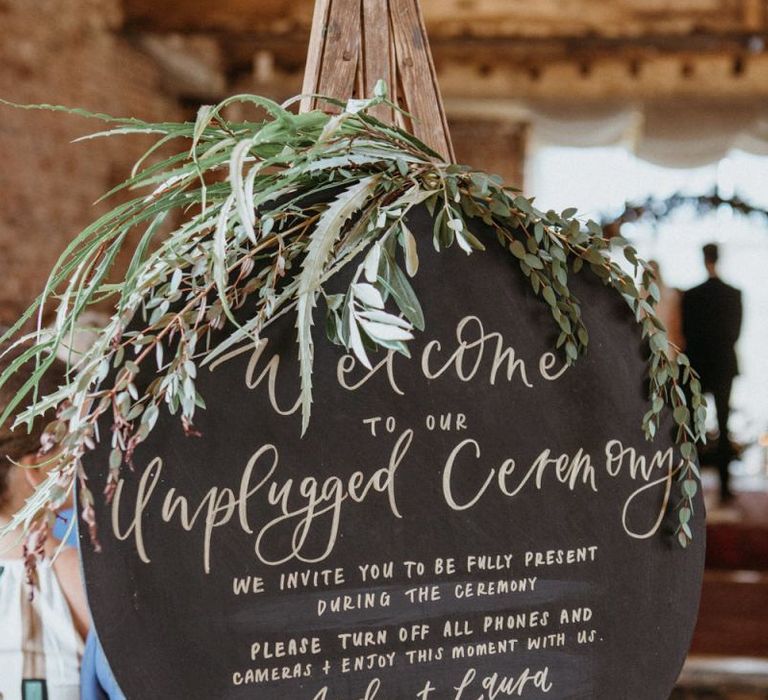 Unplugged ceremony sign for Norfolk wedding with supermarket wedding cake