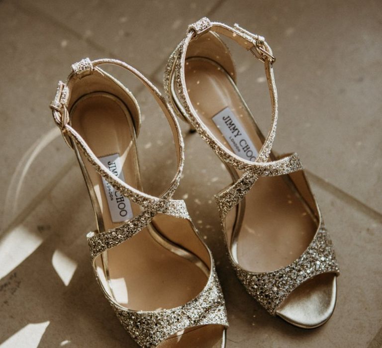 Gold wedding shoes for Norfolk wedding with supermarket wedding cake