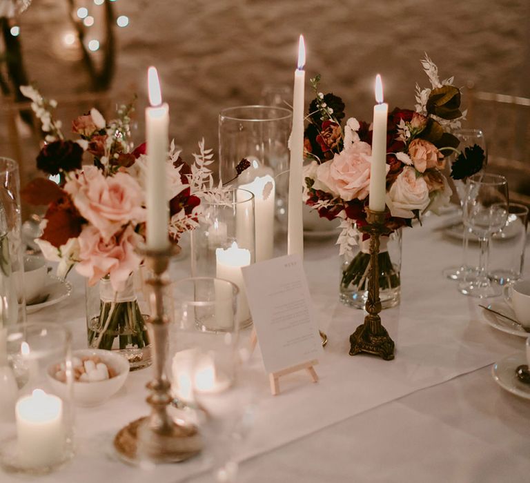 Wedding Reception Table Decor with Candle Light and Wedding Flowers