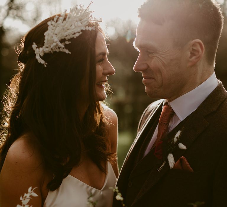 Golden Hour Portrait with Bride in Halfpenny London Juniper Dress &amp; Lilly Skirt and Luna Bea Headdress with Groom in Brown Wool Suit