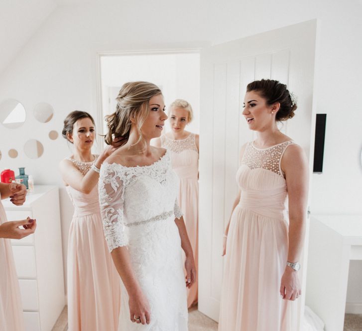 Lace Mori Lee Madeline Gardner Wedding Dress and Bridesmaids in Pink Little Mistress Dresses