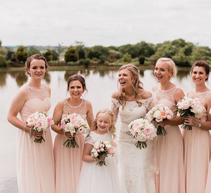 Bridal Party Portrait with Bridesmaids in Pink Little Mistress Dresses