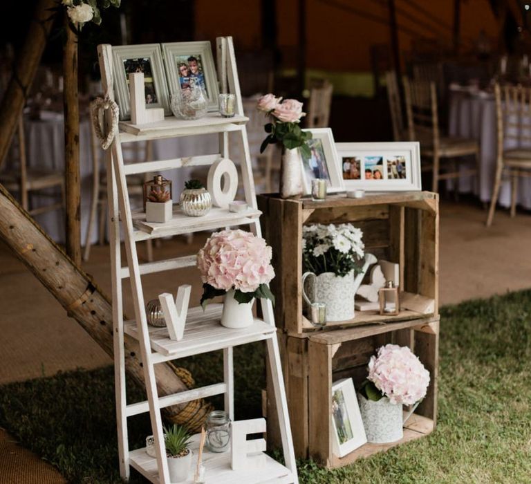 Wooden Crates and Vintage Step Ladder Wedding Decor