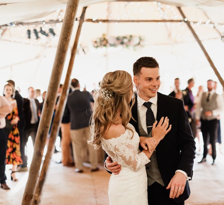 First Dance with Bride in Lace Madeline Gardner Wedding Dress and Groom in TM Lewin Suit