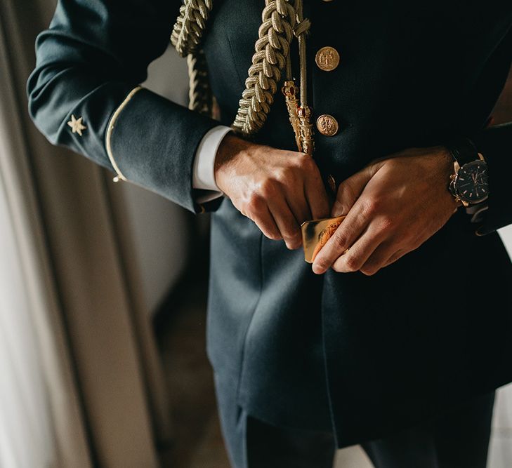 Groom wedding suit for military wedding