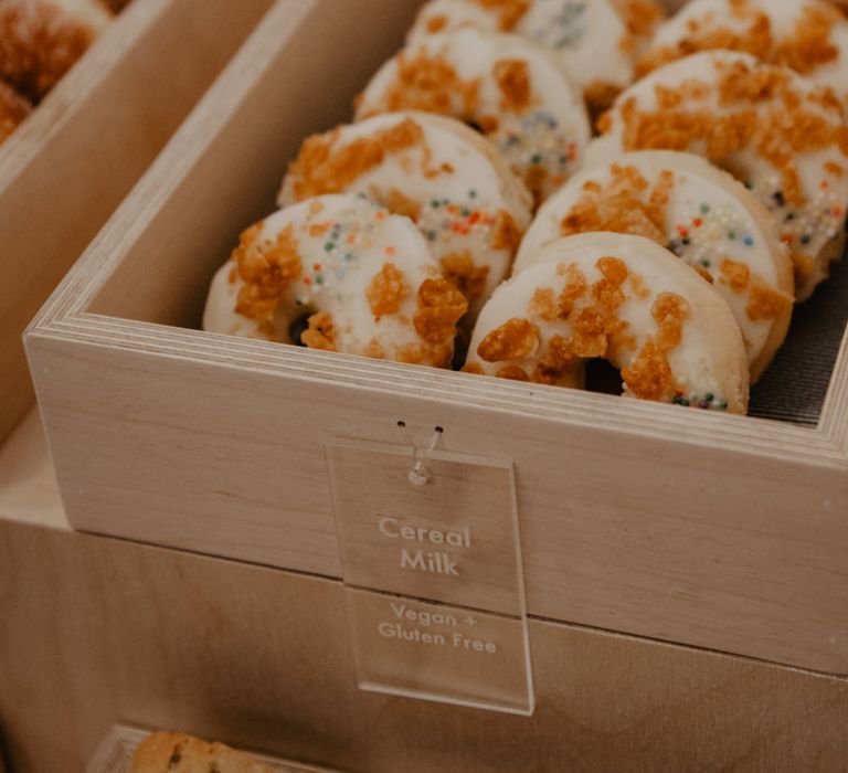 Doughnuts in Plywood Box with Acrylic Wedding Sign