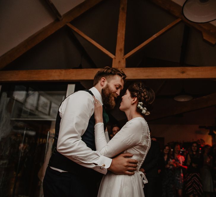 First Dance with Bride in Homemade Wedding Dress with Long Sleeves and Groom in Reiss Waistcoat and Trousers