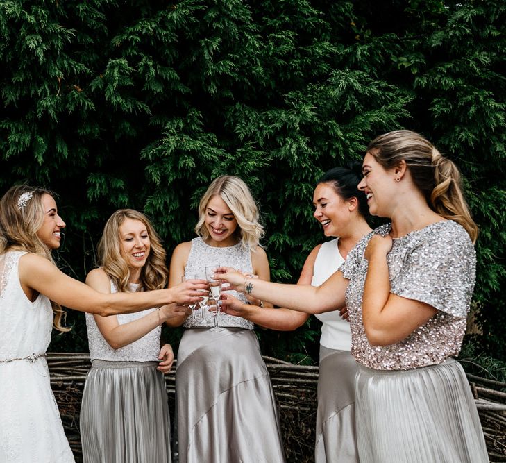 Bridal Party | Bridesmaids in Silver Skirts &amp; Sequin Tops | Bride in Charlie Brear Gown | Quirky Pub Wedding at The Bell in Ticehurst East Sussex | Epic Love Story Photography