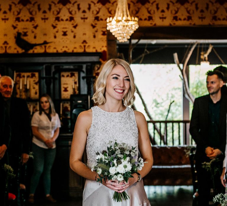 Wedding Ceremony | Bridesmaids in Silver Skirt &amp; Sequin Top Separates | Quirky Pub Wedding at The Bell in Ticehurst East Sussex | Epic Love Story Photography