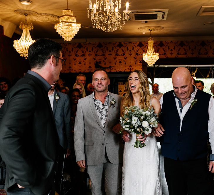 Wedding Ceremony | Bridal Entrance  in Charlie Brear Delancey Gown &amp; Belt | Groom in Hugo Boss Suit | Quirky Pub Wedding at The Bell in Ticehurst East Sussex | Epic Love Story Photography