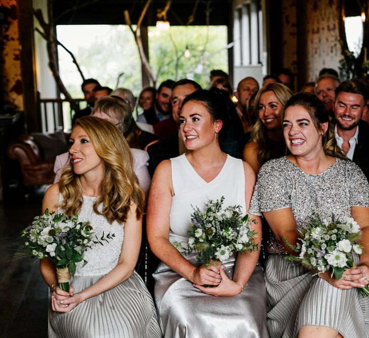 Wedding Ceremony | Bridesmaids in Metallic Skirts &amp; Sequin Top Separates | Quirky Pub Wedding at The Bell in Ticehurst East Sussex | Epic Love Story Photography