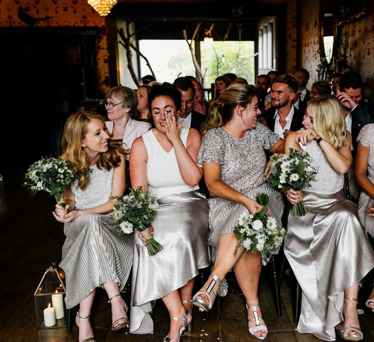 Wedding Ceremony | Bridesmaids in Metallic Skirts &amp; Sequin Top Separates | Quirky Pub Wedding at The Bell in Ticehurst East Sussex | Epic Love Story Photography