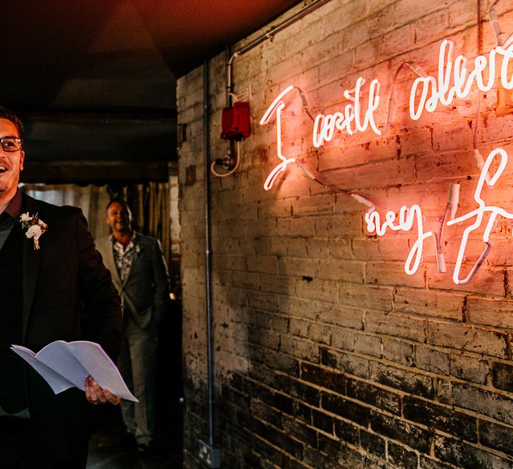 Neon Light Sign &amp; Edison Bulbs | Groom Speech | Hugo Boss Suit | Quirky Pub Wedding at The Bell in Ticehurst East Sussex | Epic Love Story Photography