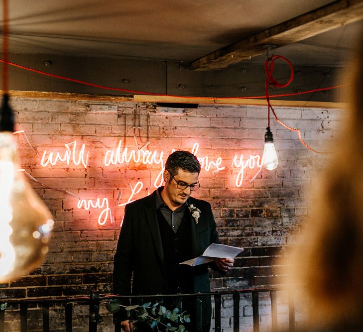 Neon Light Sign &amp; Edison Bulbs | Groom Speech | Hugo Boss Suit | Quirky Pub Wedding at The Bell in Ticehurst East Sussex | Epic Love Story Photography