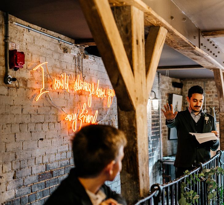 Neon Light &amp; Edison Bulbs | Best Man Speech | Quirky Pub Wedding at The Bell in Ticehurst East Sussex | Epic Love Story Photography