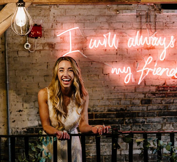 Neon Light Sign | Bride in Charlie Brear Delancey Gown &amp; Belt | Quirky Pub Wedding at The Bell in Ticehurst East Sussex | Epic Love Story Photography