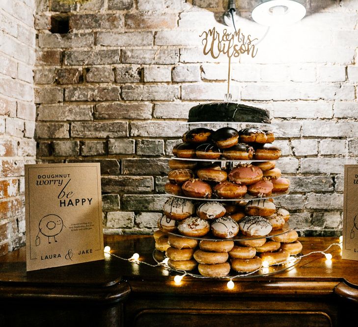 Krispy Kreme Doughnut Tower Wedding Cake | Quirky Pub Wedding at The Bell in Ticehurst East Sussex | Epic Love Story Photography