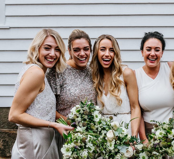 Bridal Party | Bridesmaids in Metallic Silver Skirts &amp; Sequin Tops | Bride in Charlie Brear Delancey Gown &amp; Belt | Groom in Hugo Boss Suit | Quirky Pub Wedding at The Bell in Ticehurst East Sussex | Epic Love Story Photography