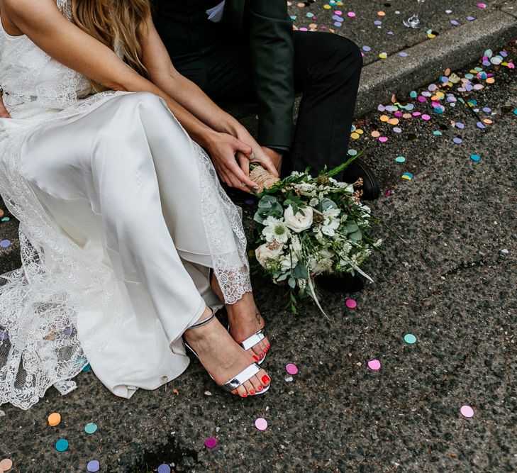 Silver Strappy New Look Bridal Shoes | Charlie Brear Delancey Gown &amp; Belt | Groom in Hugo Boss Suit | Quirky Pub Wedding at The Bell in Ticehurst East Sussex | Epic Love Story Photography