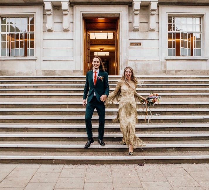 Bride and Groom Outside Town Hall Wedding Ceremony