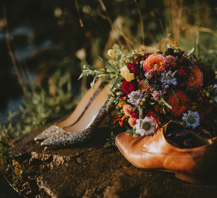 Wedding bouquet with Jimmy Choo shoes