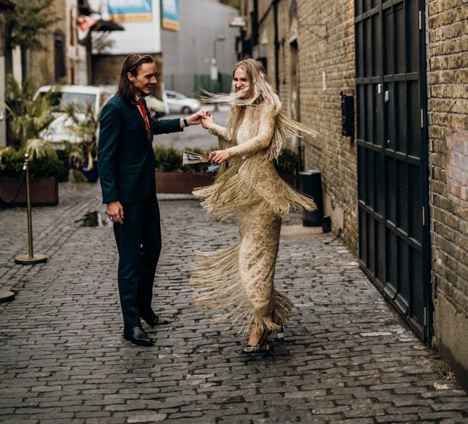 Fringe Detail Wedding Dress in Gold with Navy Suit