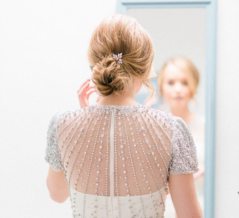 Bride in Jenny Packham Dallas Beaded Wedding Dress and Bridal Updo