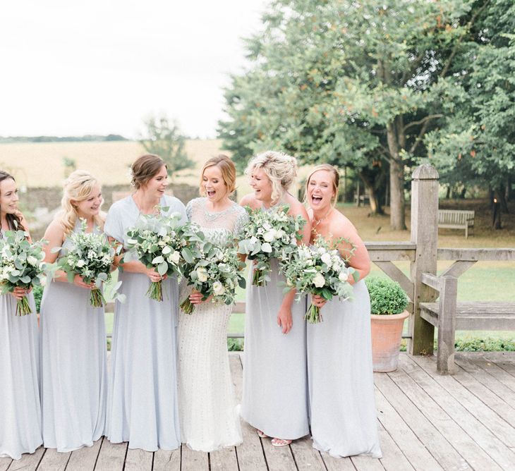 Bridal Party with Bridesmaids in Grey M&amp;S Dress and Bride in Jenny Packham Dallas Beaded Wedding Dress