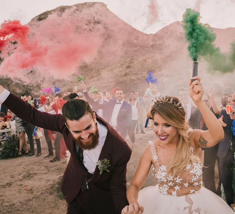 Spanish Beach wedding with smoke bombs