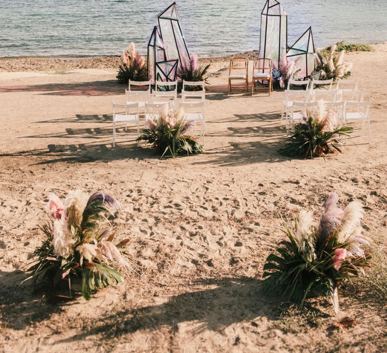 Iridescent geode structures at Spanish Beachj wedding