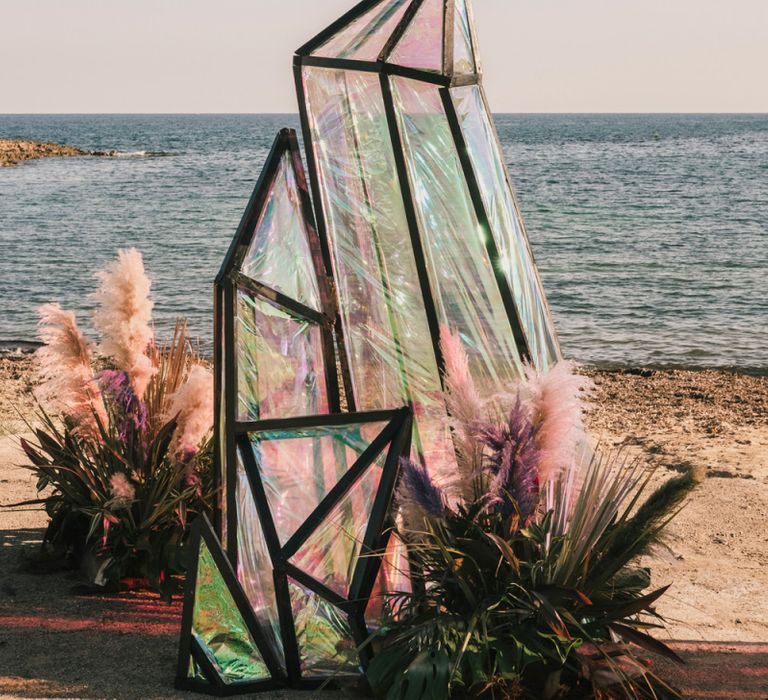 Iridescent geode structures at Spanish Beachj wedding