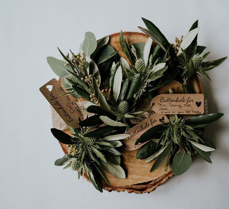 Foliage buttonholes for groomsmen