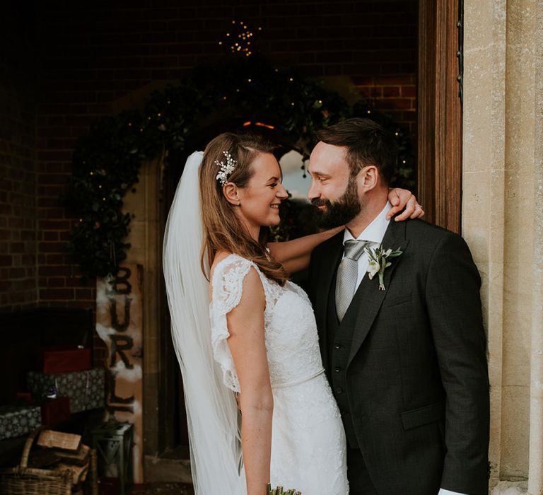 Bride and groom at winter wedding in Hampshire