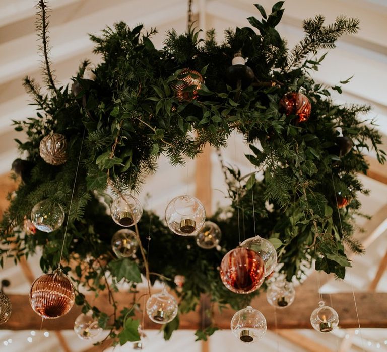 Foliage chandelier with baubles at Burley Manor