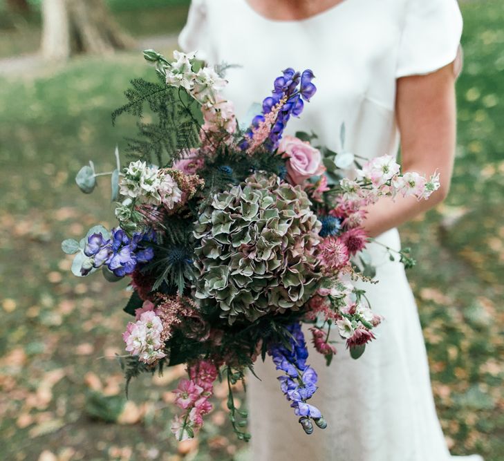 Hydrangea Wedding Bouquet // Dry Hire Wedding Venue Dilston Grove London With Bride In Sally Lacock And Groom In Mr Start With Images From Joasis Photography