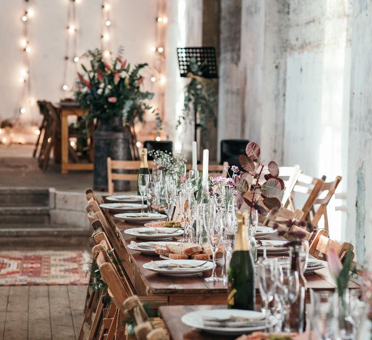 Wooden Trestle Tables For Wedding // Dry Hire Wedding Venue Dilston Grove London With Bride In Sally Lacock And Groom In Mr Start With Images From Joasis Photography