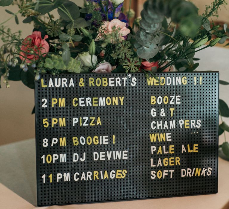 Peg Board Sign For Wedding // Dry Hire Wedding Venue Dilston Grove London With Bride In Sally Lacock And Groom In Mr Start With Images From Joasis Photography