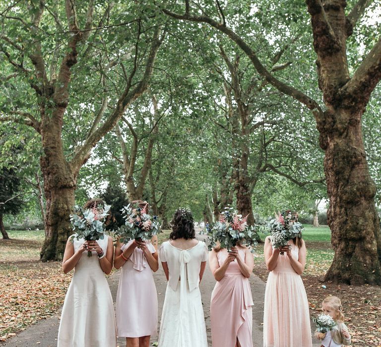 Bridesmaids In Pale Pink Dresses // Dry Hire Wedding Venue Dilston Grove London With Bride In Sally Lacock And Groom In Mr Start With Images From Joasis Photography