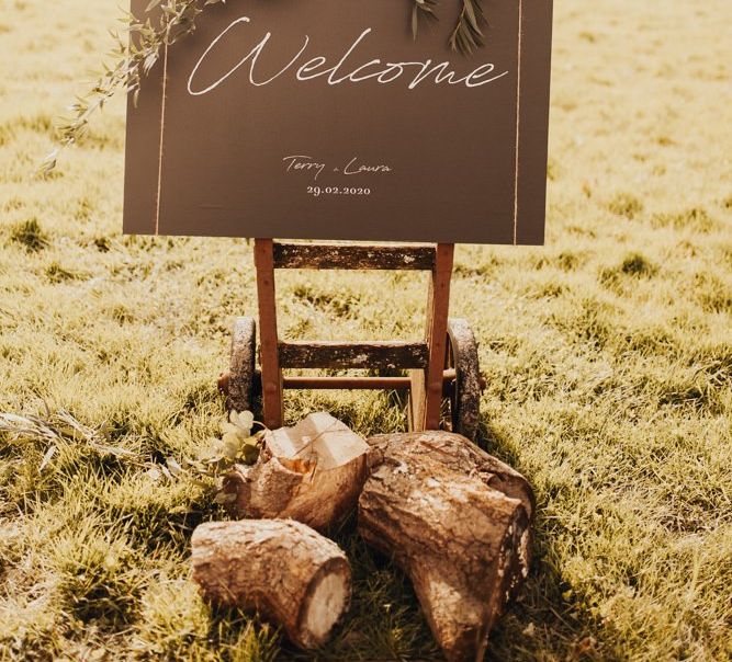 Wedding welcome sign at Nancarrow Farm venue in Cornwall