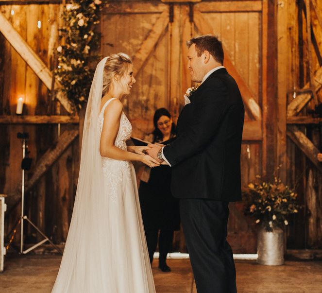 Wedding ceremony in barn at Nancarrow Farm