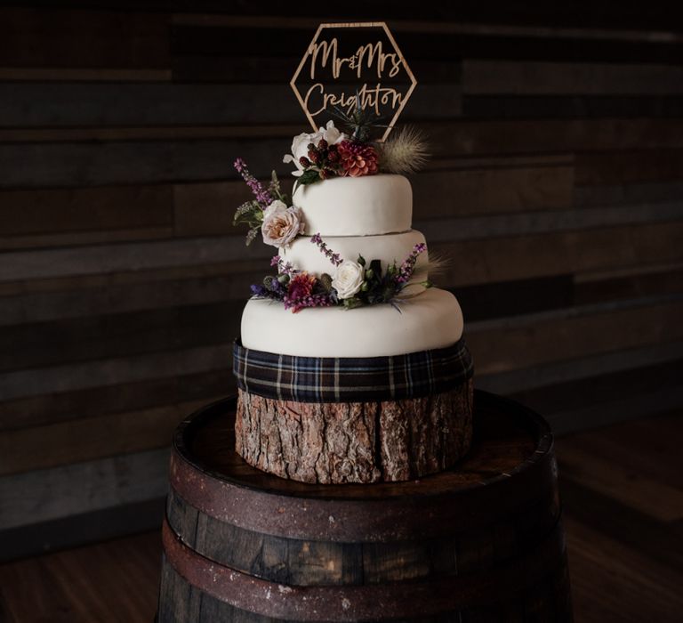 Royal Icing Wedding Cake with Wooden Cake Topper and Tartan Ribbon