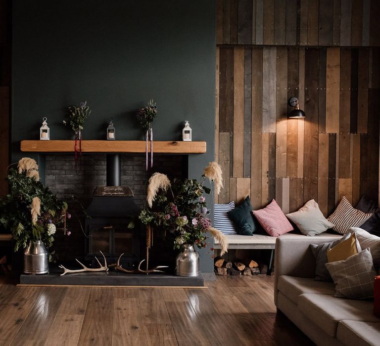 Log Burner Fireplace with Flowers &amp; Pampas Grass  in Milk Churns