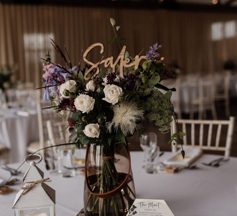 Rustic Floral Centrepiece  with Wooden Table Name Sign