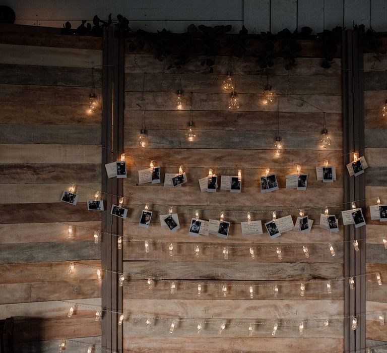 Polaroid Pictures on Edison Bulbs and String Lights Wedding Decor Backdrop