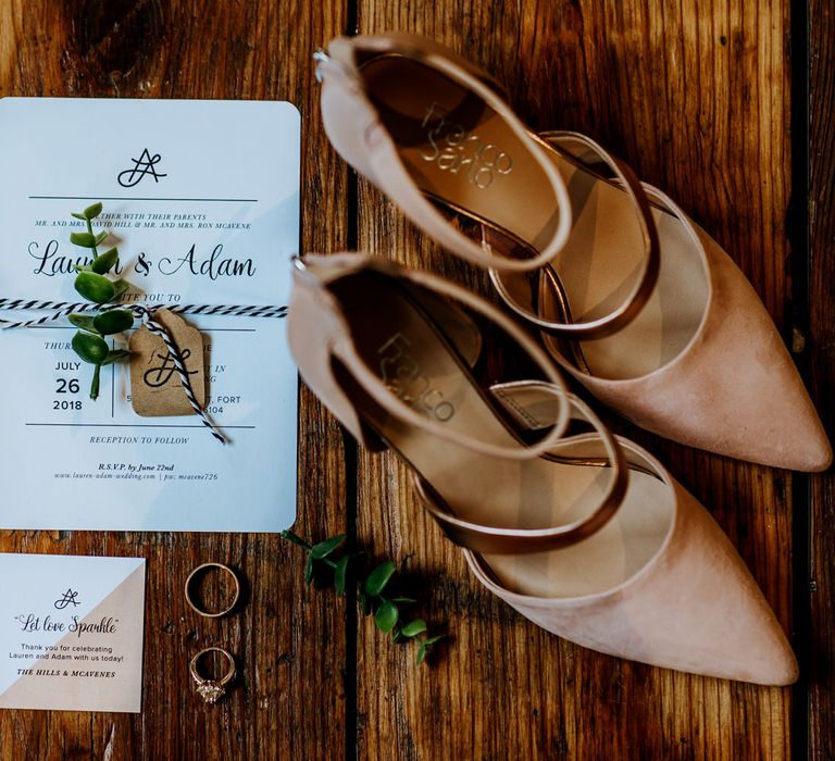 Nude Strappy Heels by Franco Sarto | Wedding Stationery Designed by Bride | Rifle Paper Co. Trainers for Informal Wedding in Fort Worth, Texas | Paul &amp; Nanda Photography