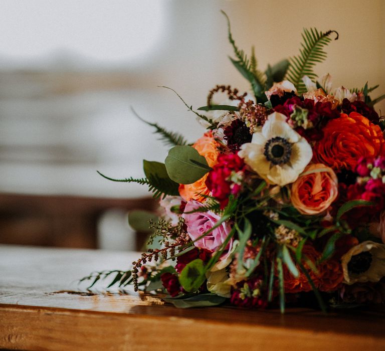 Colourful Bridal Bouquet of Pink, Orange and White Flowers with Ferns, Eucalyptus and Greenery | Rifle Paper Co. Trainers for Informal Wedding in Fort Worth, Texas | Paul &amp; Nanda Photography