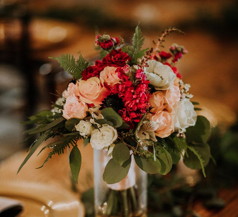 Colourful Bouquet of Pink, Orange and White Flowers with Ferns, Eucalyptus and Greenery | Gold Charger Plates | Rifle Paper Co. Trainers for Informal Wedding in Fort Worth, Texas | Paul &amp; Nanda Photography