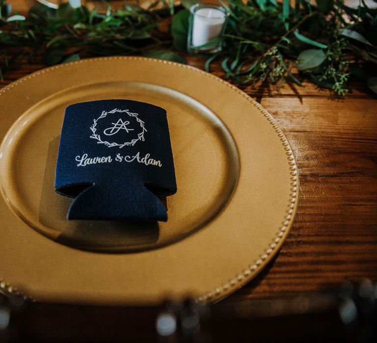 Gold Charger Plate | Koozie Wedding Favours | Eucalyptus Garland | Tea Lights | Rifle Paper Co. Trainers for Informal Wedding in Fort Worth, Texas | Paul &amp; Nanda Photography