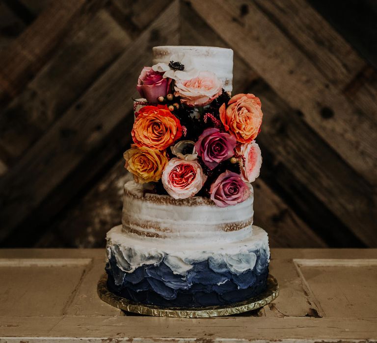 Four Tier Semi-Naked Wedding Cake with Blue Ombre Icing and Coral Flowers | Rifle Paper Co. Trainers for Informal Wedding in Fort Worth, Texas | Paul &amp; Nanda Photography